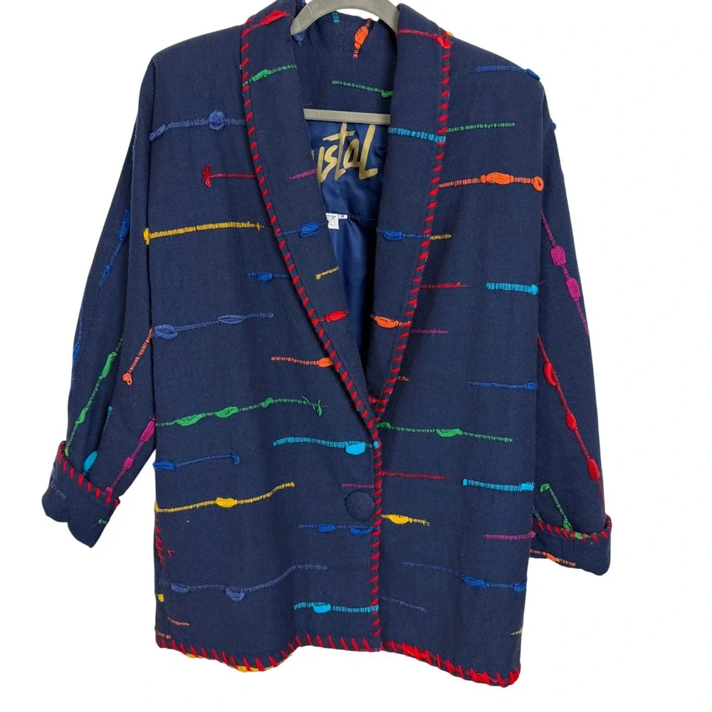 Crystal Handwovens Vintage Blazer Jacket Women's Medium Navy‎ Blue